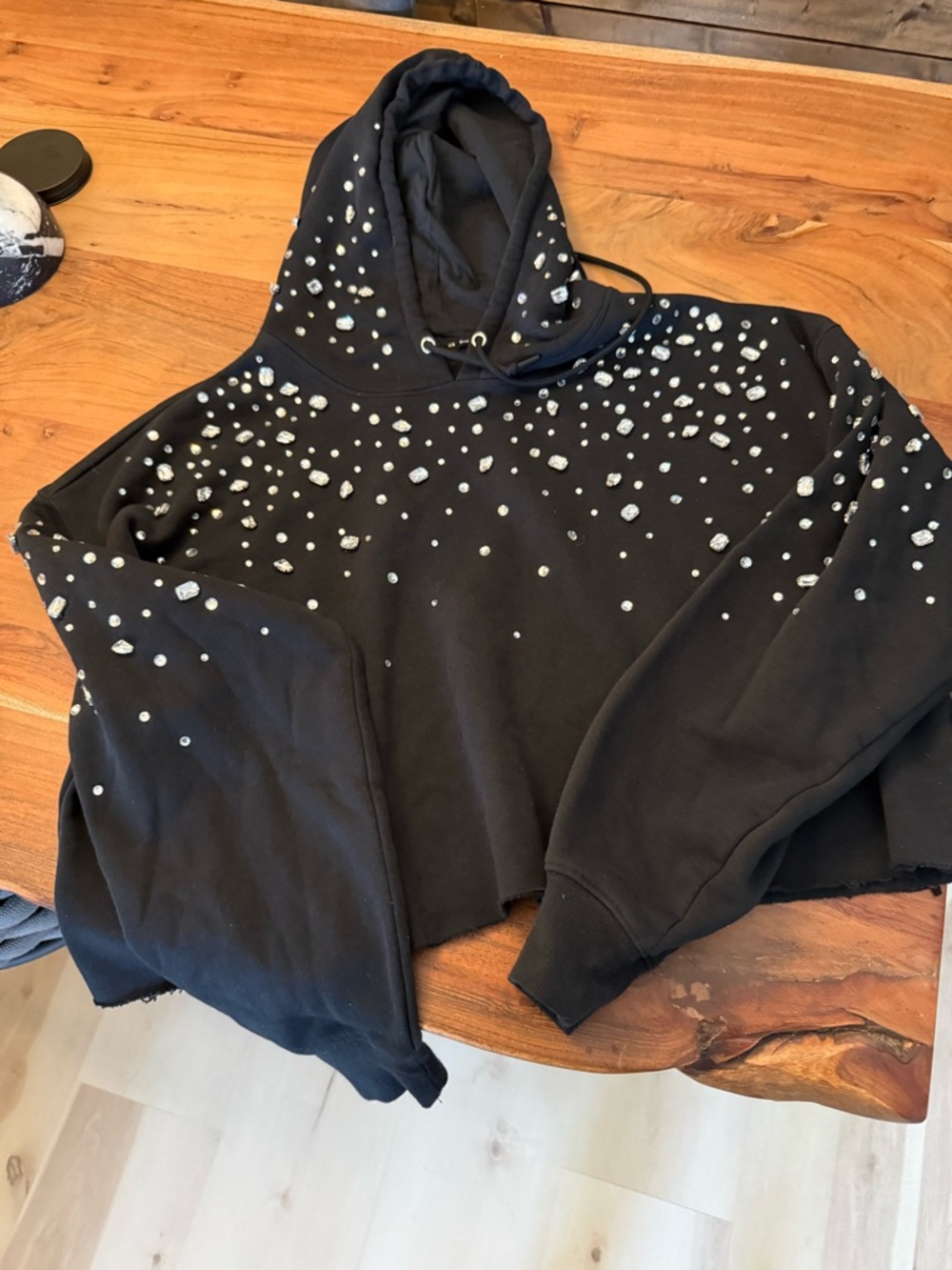 Good American Black Hoodie with Crystal Embellishments